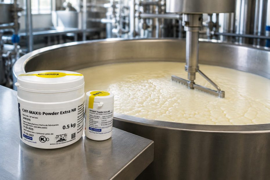 Frasco de cuajo líquido junto a una cuba de leche en proceso de coagulación