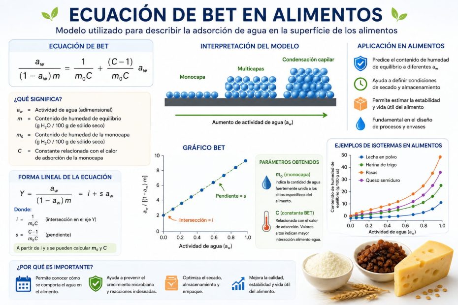 Gráfico de la ecuación de BET mostrando el punto de humedad de monocapa