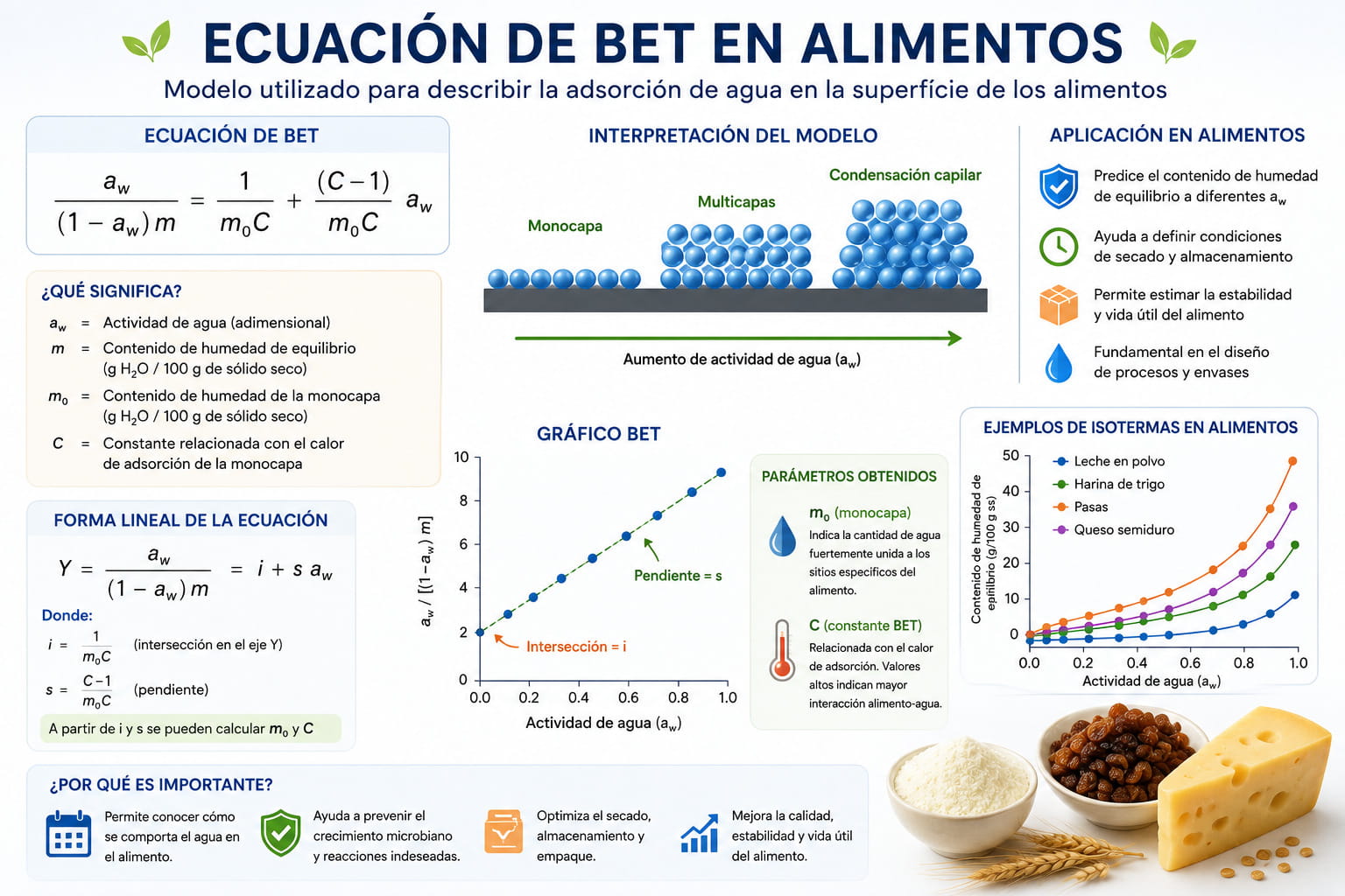 Gráfico de la ecuación de BET mostrando el punto de humedad de monocapa