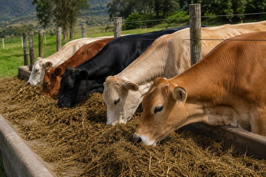 Vaca lechera comiendo forraje, ilustrando el consumo de materia seca